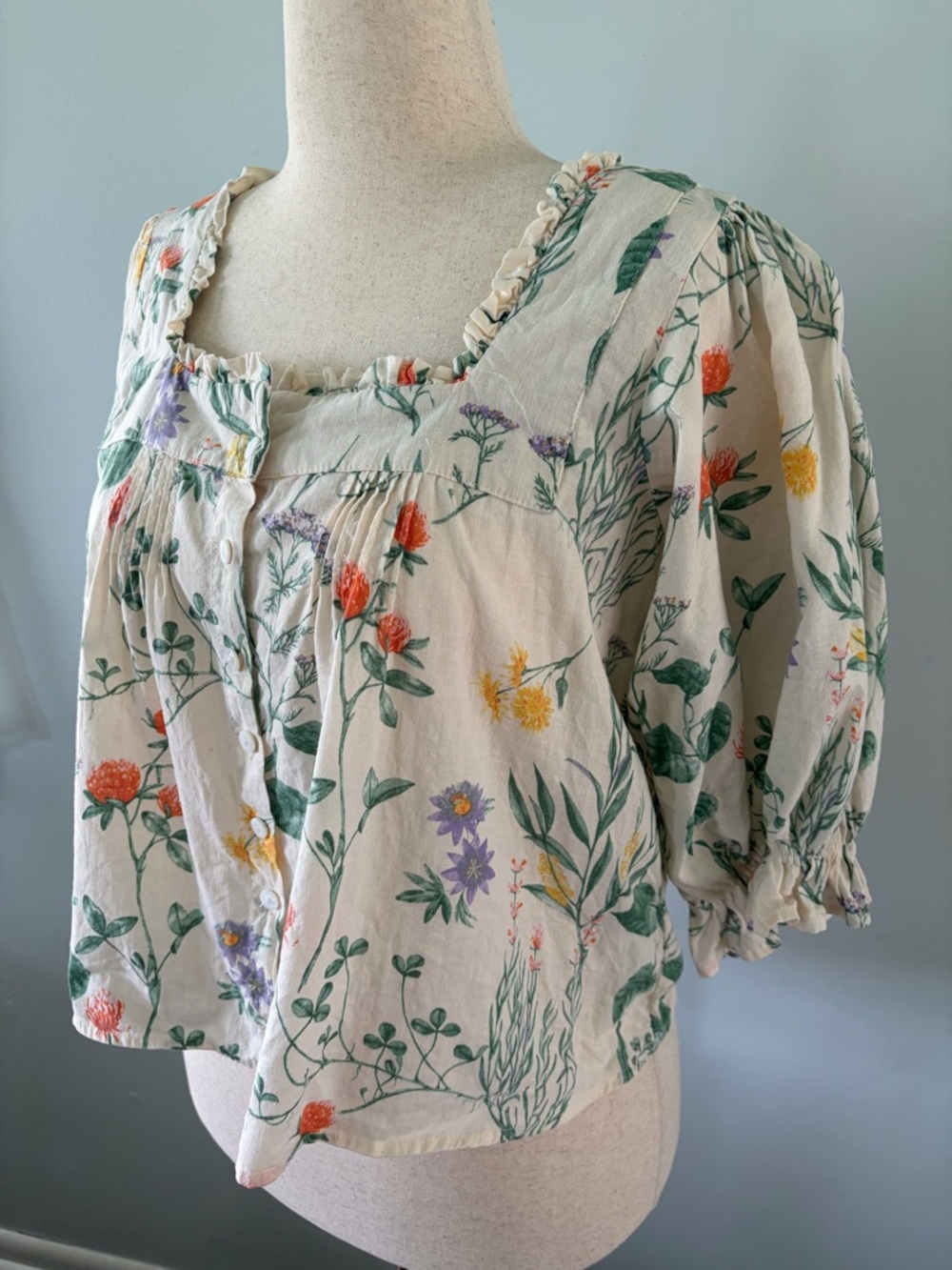 Laura Ashley Linen Blend Floral Square Neck Short Sleeve Blouse - Picture 10 of 10